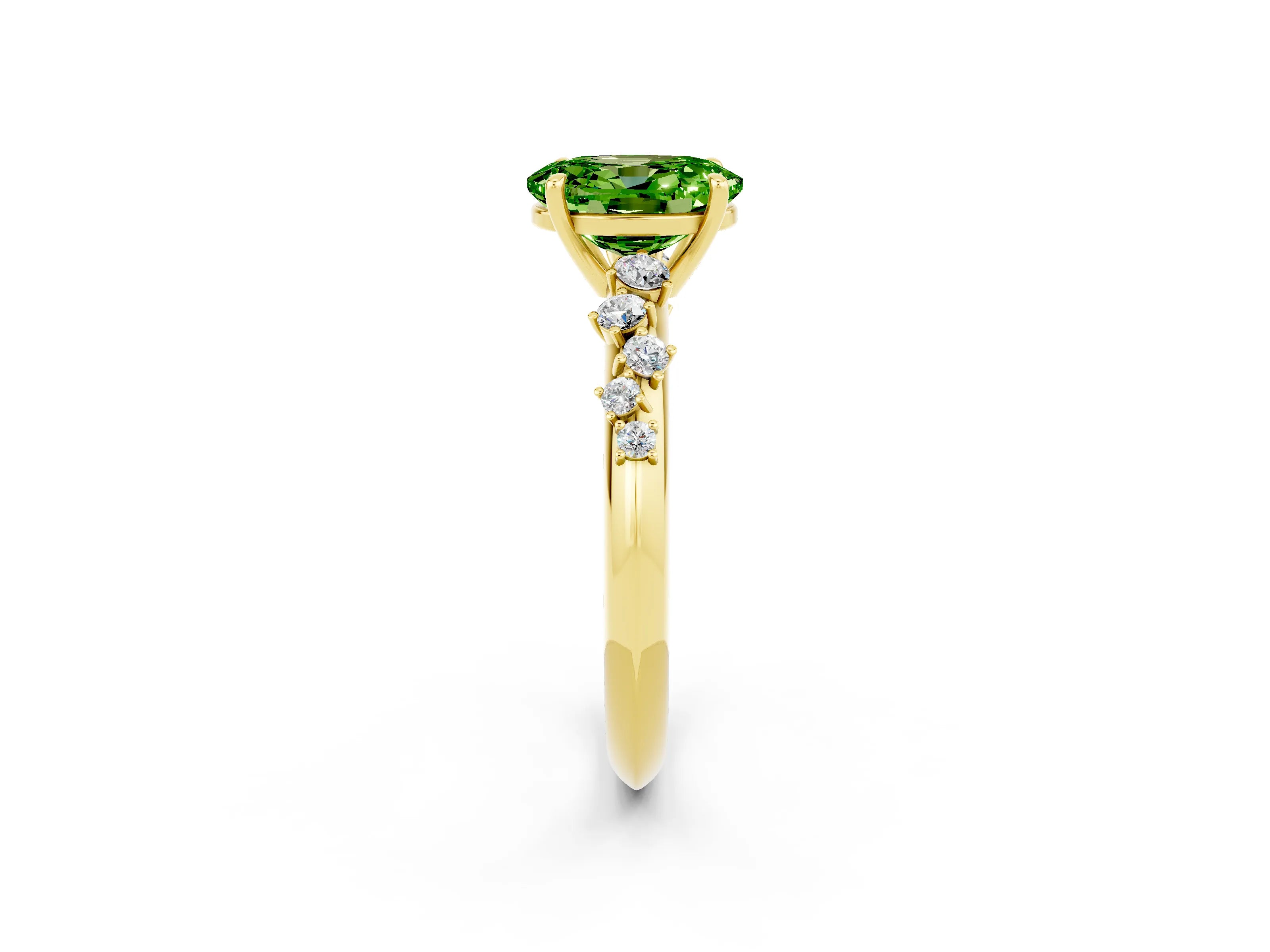 Yellow gold Oval Cut Peridot Cluster Side Stone Solitaire Ring with Prong Setting_26