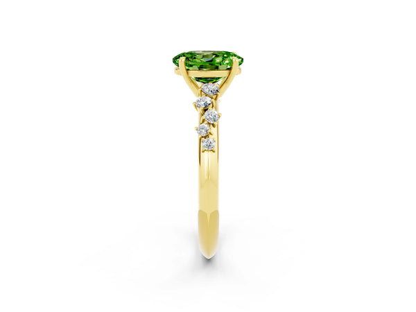 Yellow gold Oval Cut Peridot Cluster Side Stone Solitaire Ring with Prong Setting