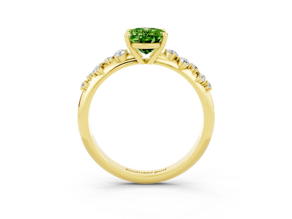 Yellow gold Oval Cut Peridot Cluster Side Stone Solitaire Ring with Prong Setting