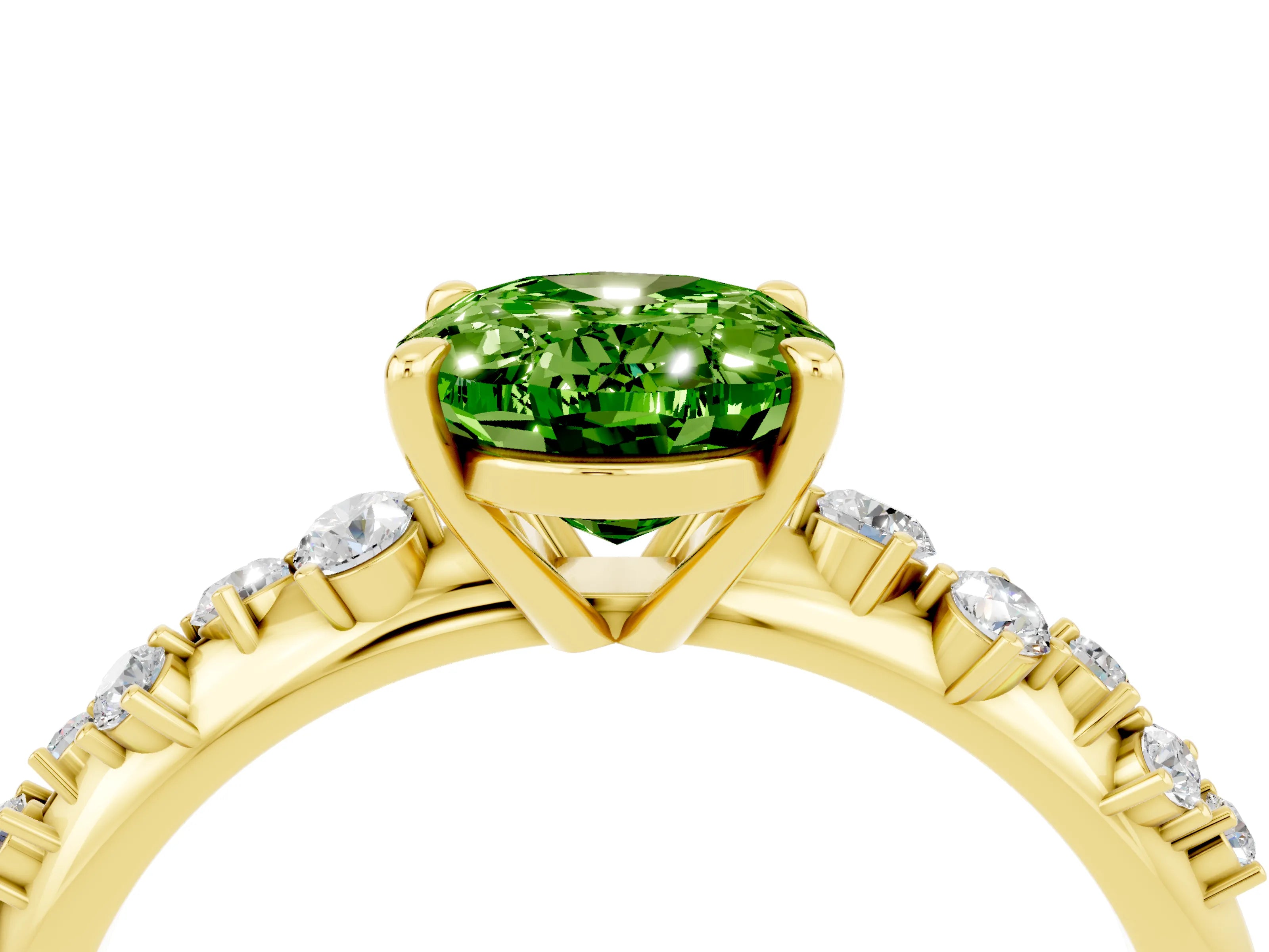 Yellow gold Oval Cut Peridot Cluster Side Stone Solitaire Ring with Prong Setting_28