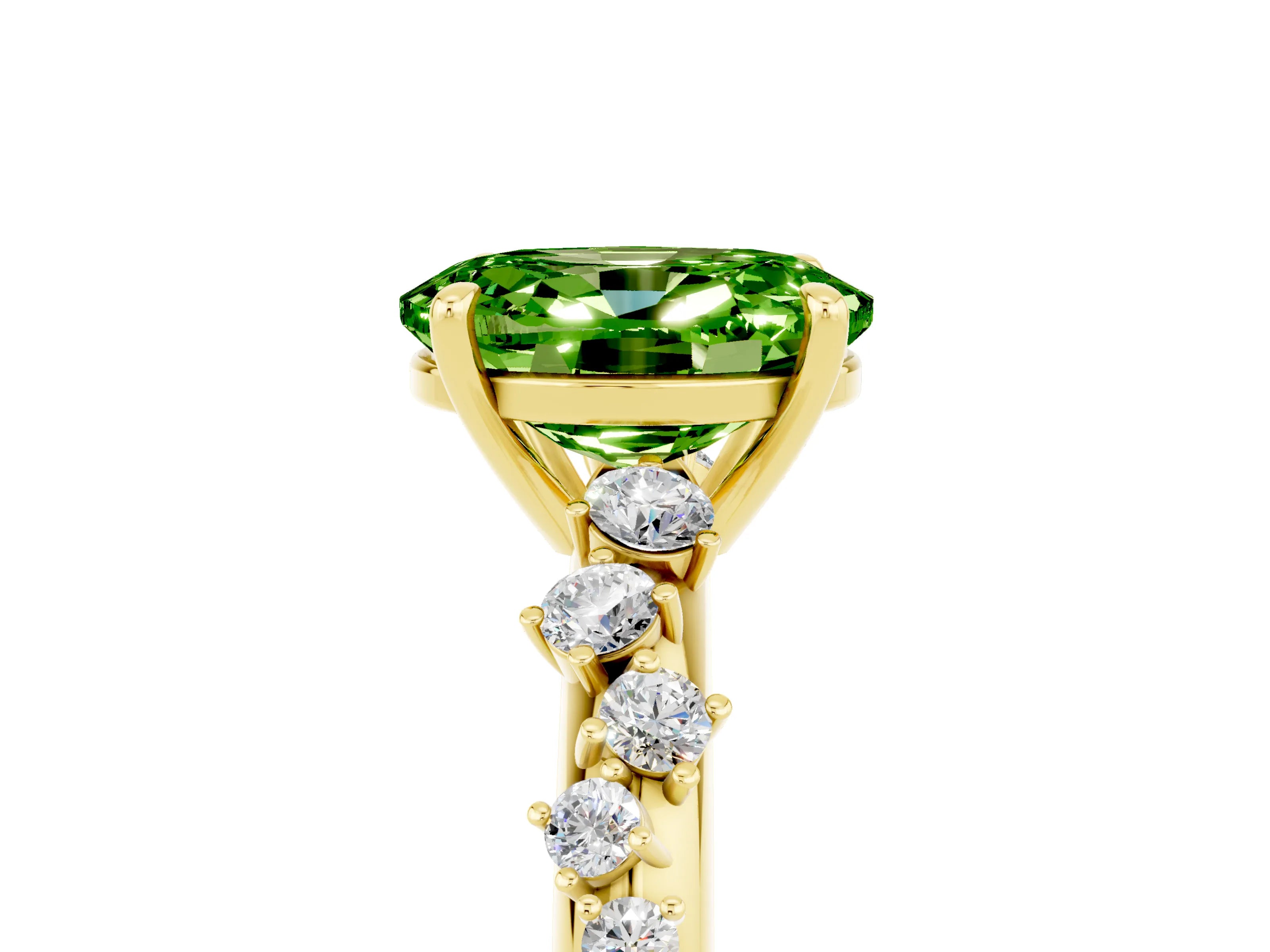 Yellow gold Oval Cut Peridot Cluster Side Stone Solitaire Ring with Prong Setting_29