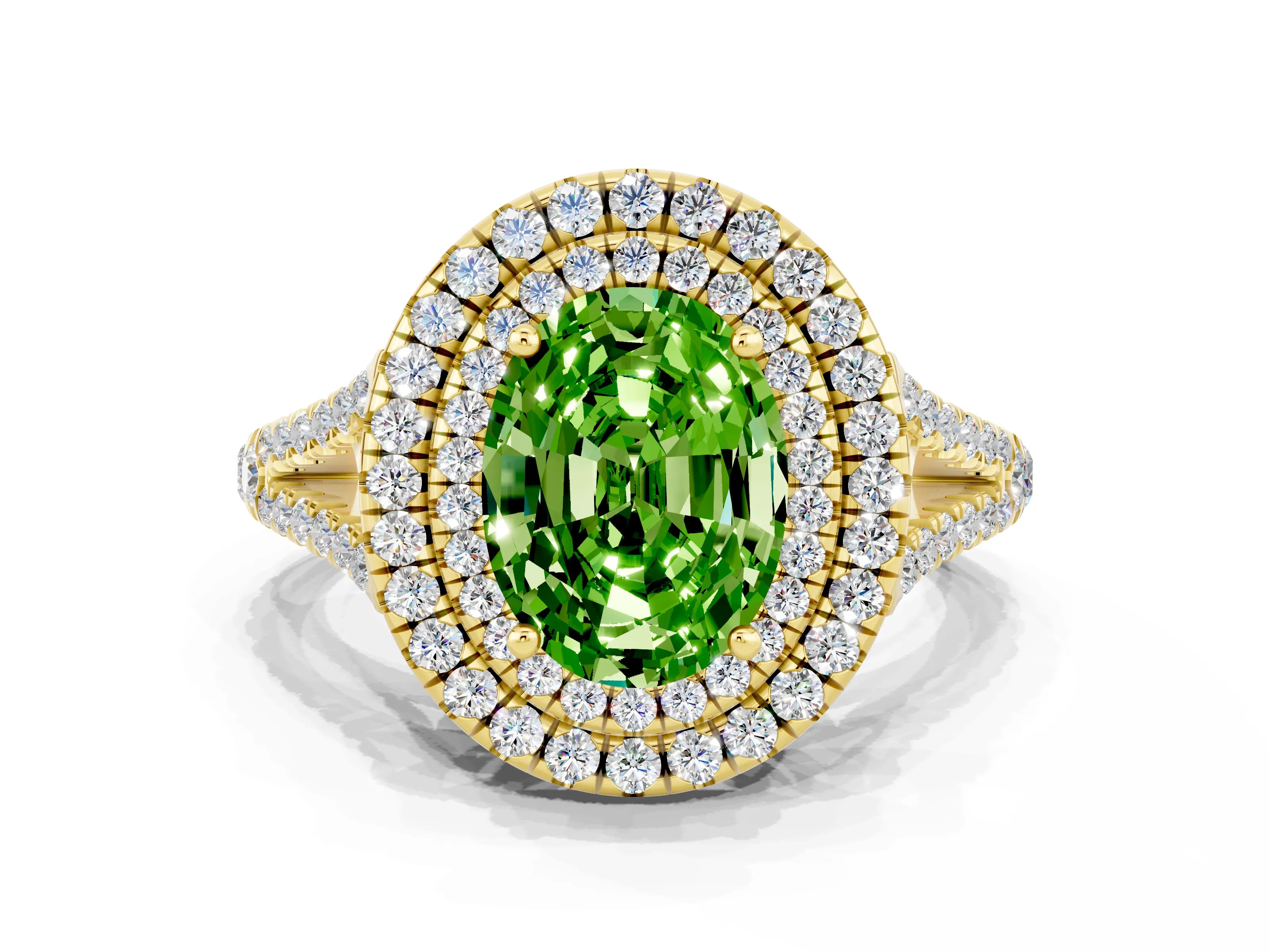 Yellow gold Oval Cut Peridot Double Halo Ring with Pavé Band and Prong Setting_12