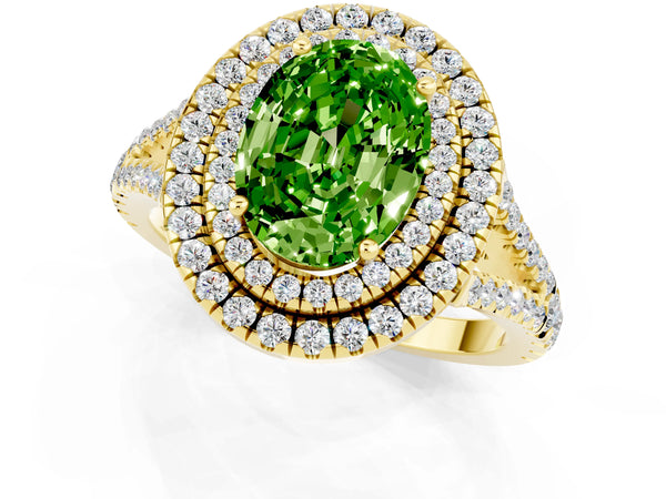 Yellow gold Oval Cut Peridot Double Halo Ring with Pavé Band and Prong Setting