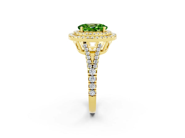 Yellow gold Oval Cut Peridot Double Halo Ring with Pavé Band and Prong Setting