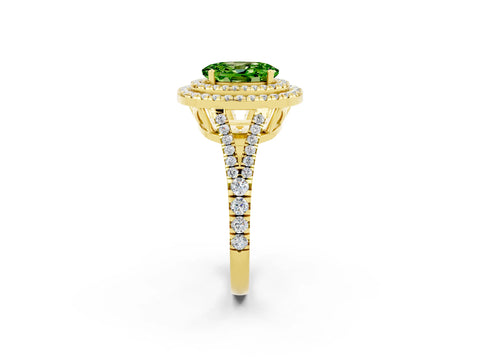 Yellow gold Oval Cut Peridot Double Halo Ring with Pavé Band and Prong Setting_14