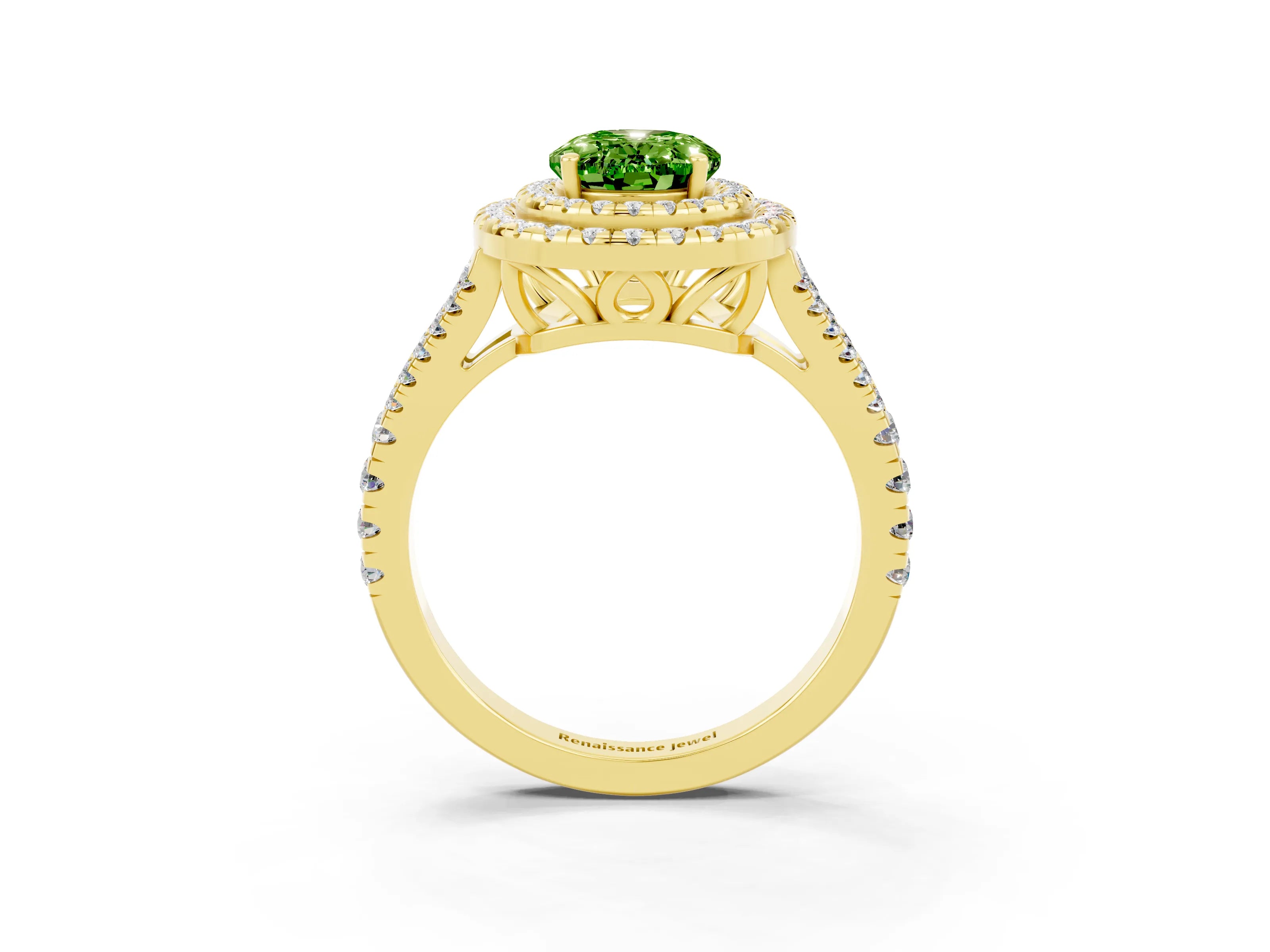 Yellow gold Oval Cut Peridot Double Halo Ring with Pavé Band and Prong Setting_15