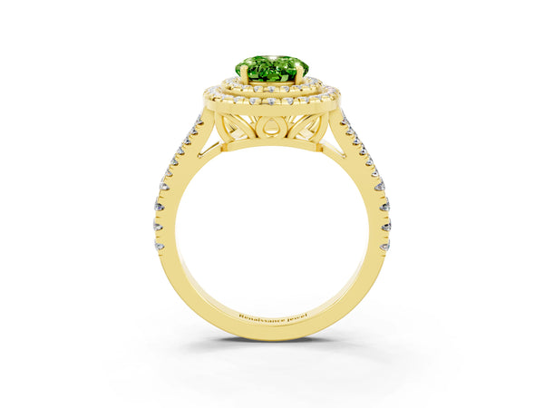 Yellow gold Oval Cut Peridot Double Halo Ring with Pavé Band and Prong Setting