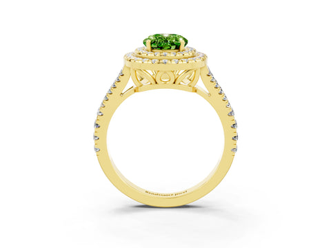Yellow gold Oval Cut Peridot Double Halo Ring with Pavé Band and Prong Setting_15