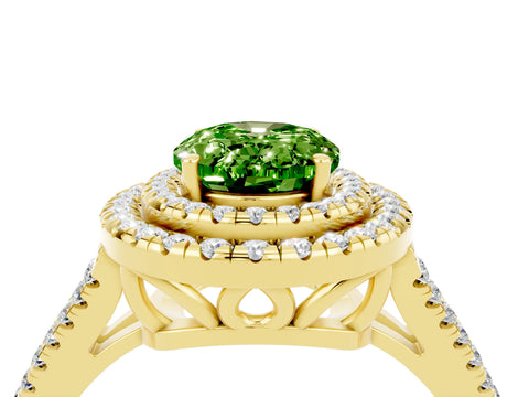 Yellow gold Oval Cut Peridot Double Halo Ring with Pavé Band and Prong Setting_16