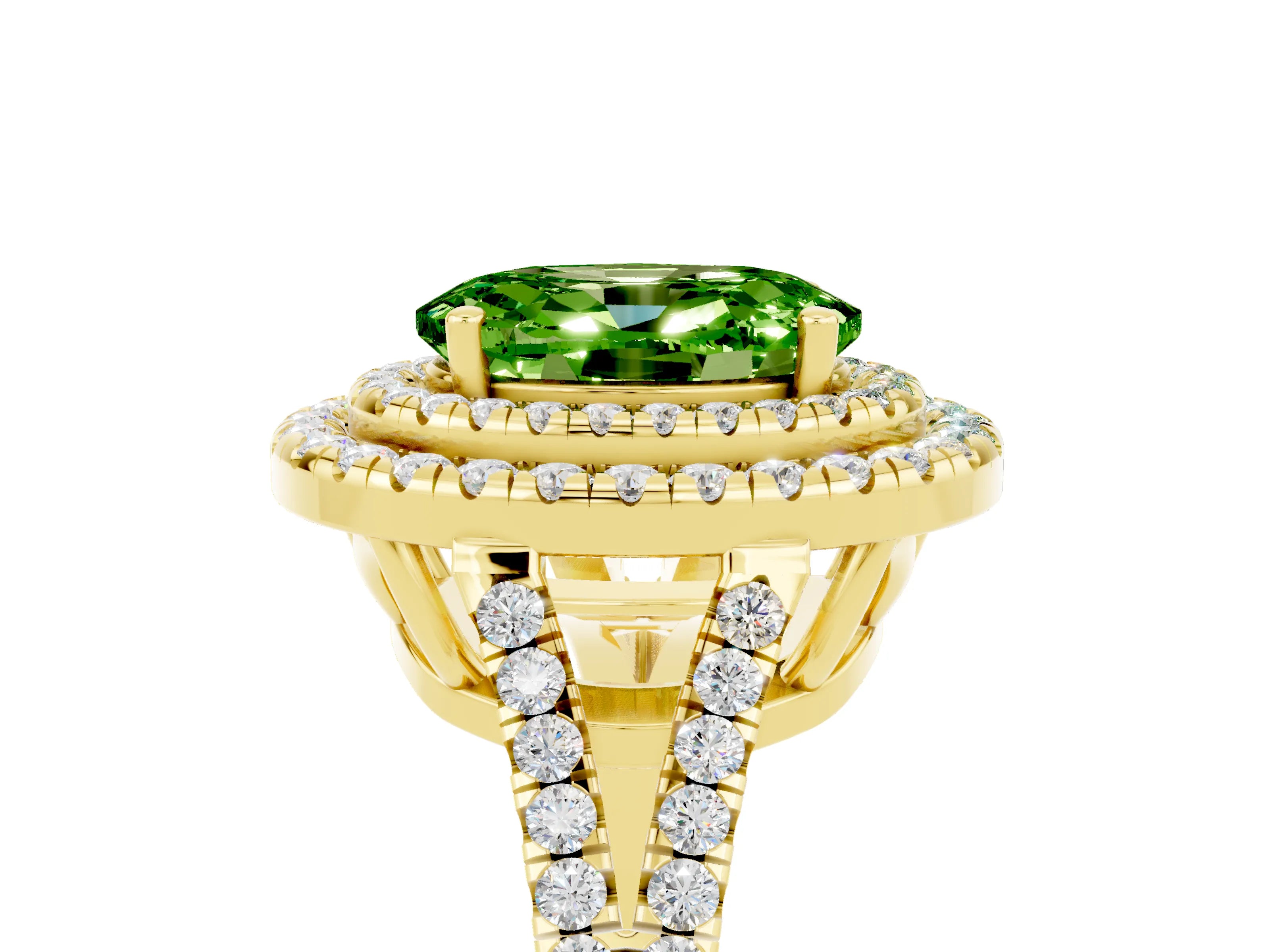 Yellow gold Oval Cut Peridot Double Halo Ring with Pavé Band and Prong Setting_17