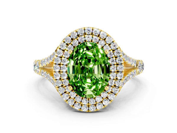 Yellow gold Oval Cut Peridot Double Halo Ring with Split Shank and Prong Setting