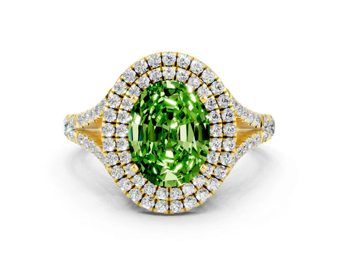 Yellow gold Oval Cut Peridot Double Halo Ring with Split Shank and Prong Setting_12