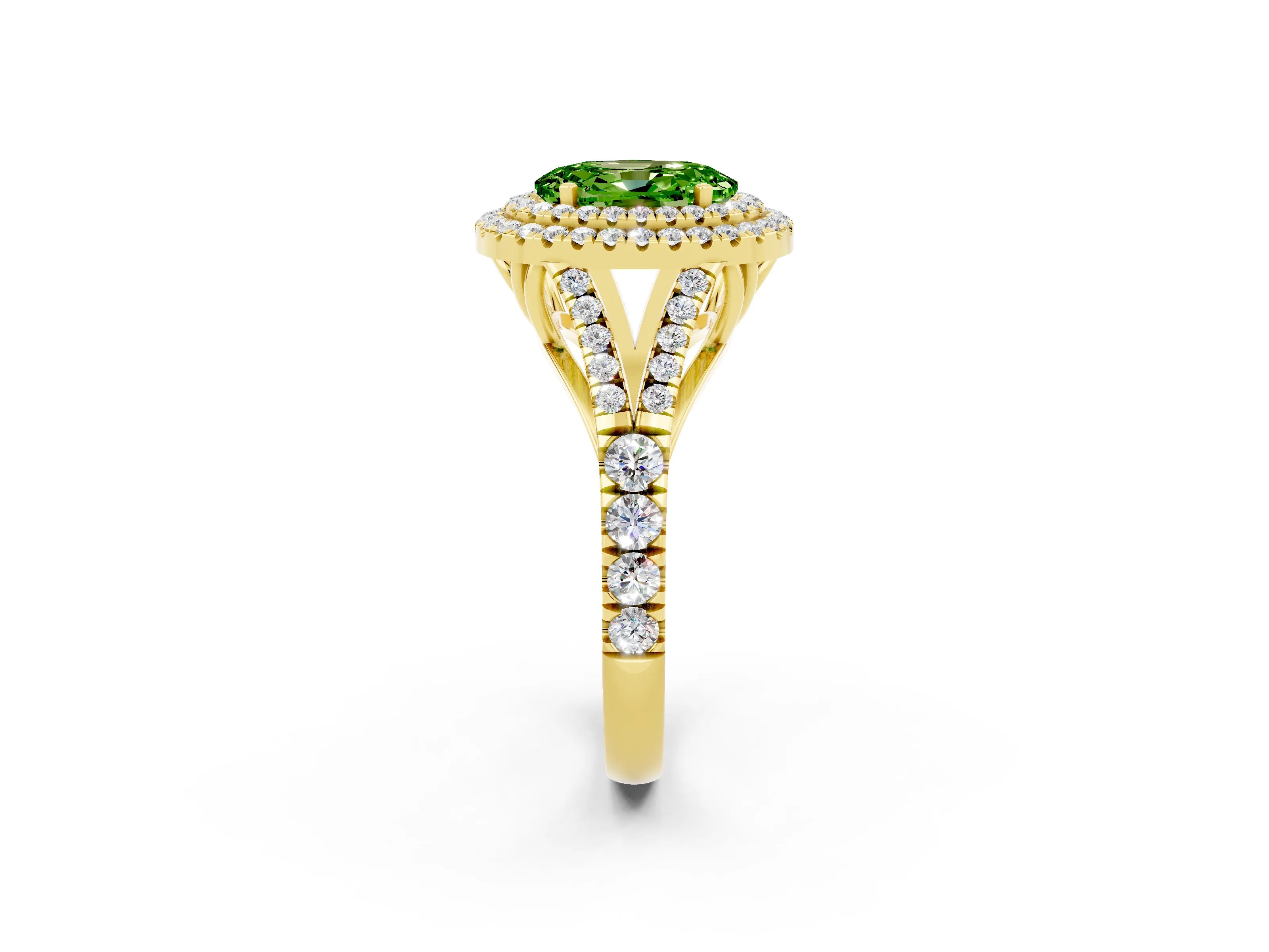 Yellow gold Oval Cut Peridot Double Halo Ring with Split Shank and Prong Setting_14