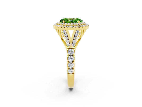 Yellow gold Oval Cut Peridot Double Halo Ring with Split Shank and Prong Setting