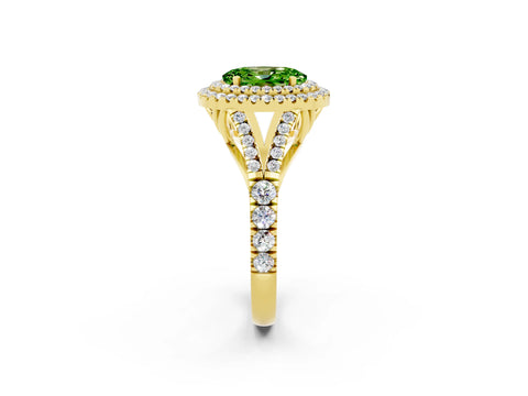 Yellow gold Oval Cut Peridot Double Halo Ring with Split Shank and Prong Setting_14