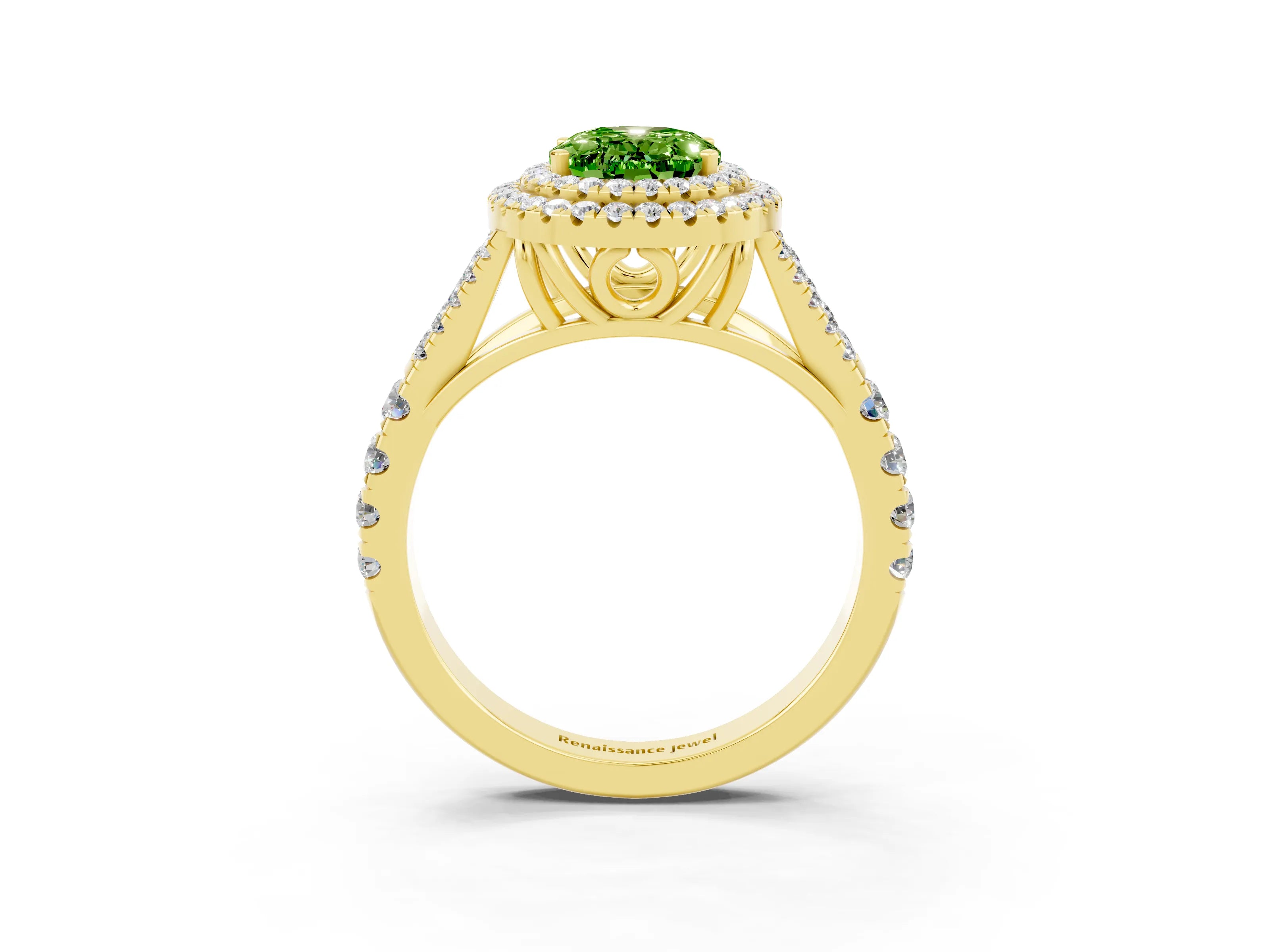 Yellow gold Oval Cut Peridot Double Halo Ring with Split Shank and Prong Setting_15