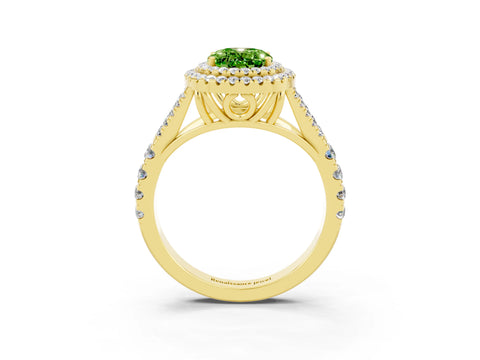 Yellow gold Oval Cut Peridot Double Halo Ring with Split Shank and Prong Setting_15