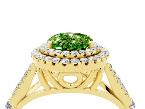 Yellow gold Oval Cut Peridot Double Halo Ring with Split Shank and Prong Setting_16