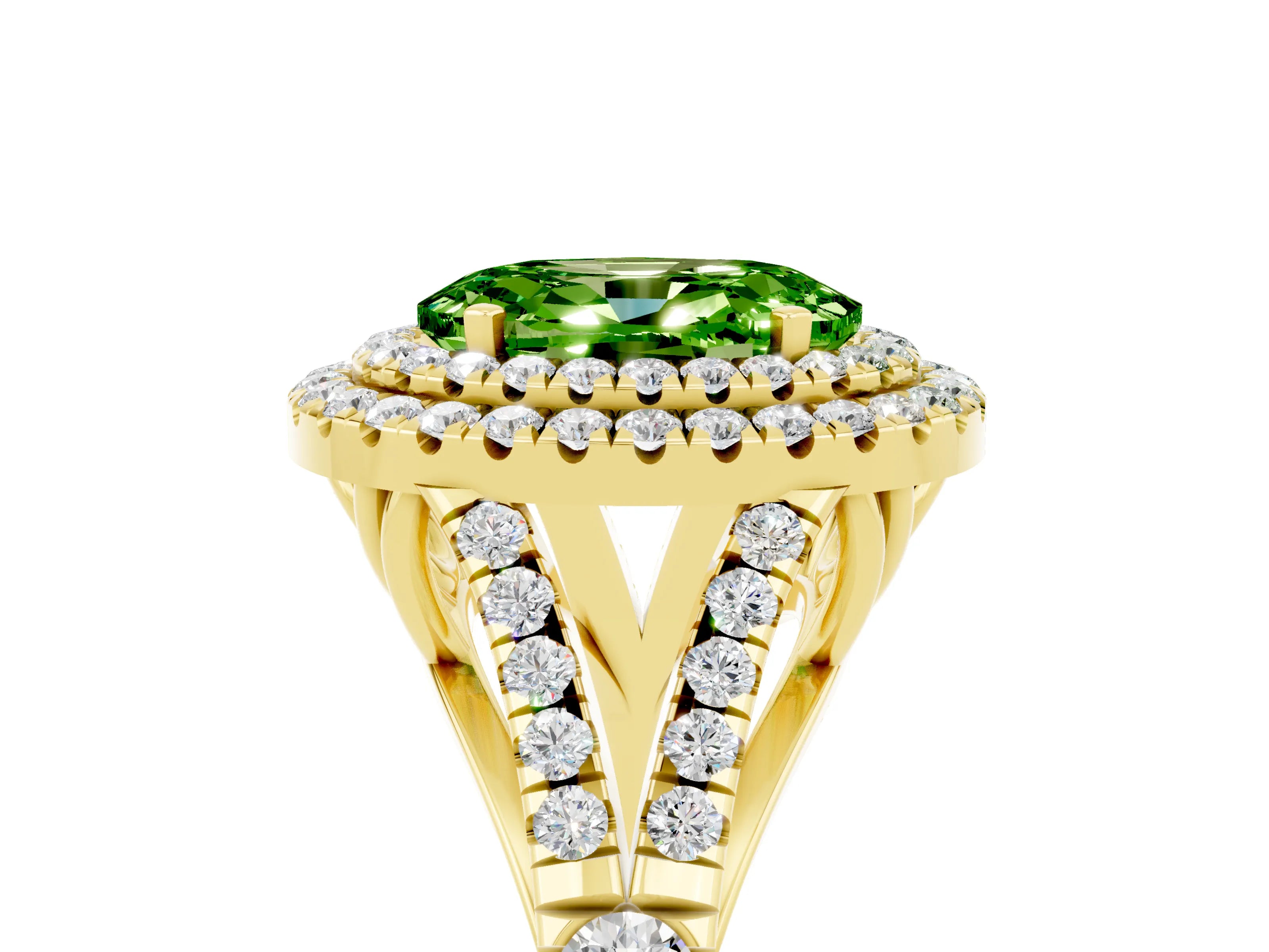 Yellow gold Oval Cut Peridot Double Halo Ring with Split Shank and Prong Setting_17