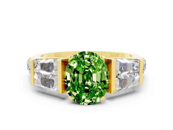 Yellow gold Oval Cut Peridot Engagement Ring with Baguette Side Stones and Channel Set Band