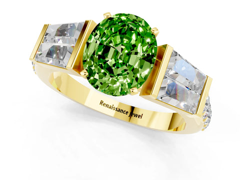 Yellow gold Oval Cut Peridot Engagement Ring with Baguette Side Stones and Channel Set Band_1