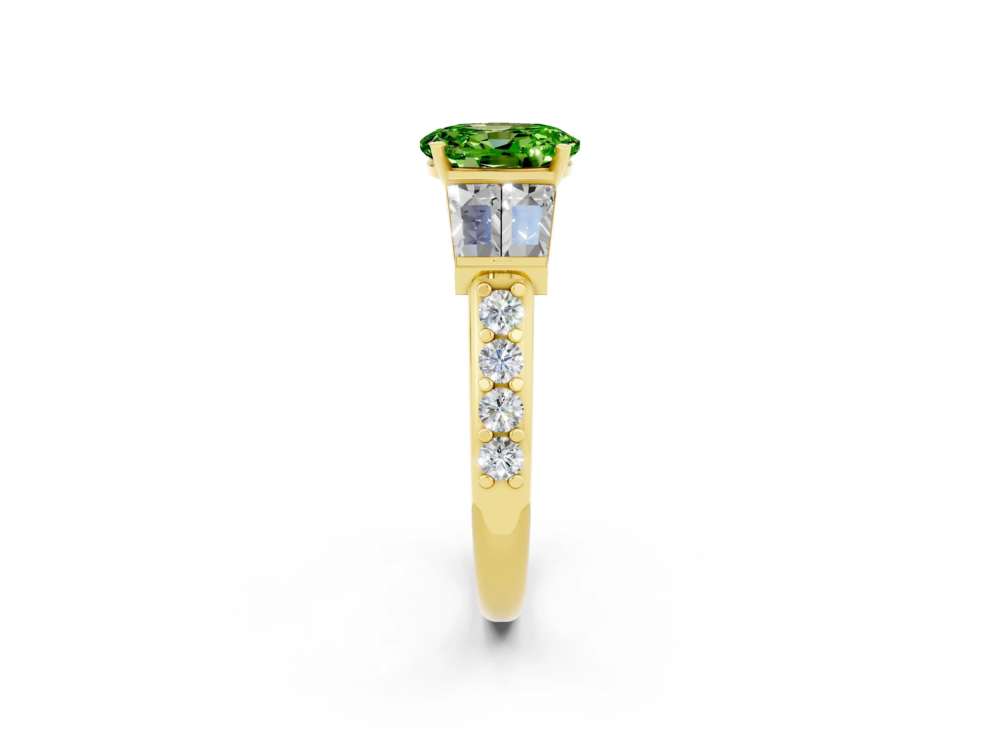 Yellow gold Oval Cut Peridot Engagement Ring with Baguette Side Stones and Channel Set Band_2
