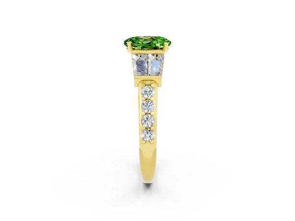 Yellow gold Oval Cut Peridot Engagement Ring with Baguette Side Stones and Channel Set Band