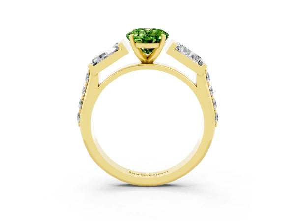 Yellow gold Oval Cut Peridot Engagement Ring with Baguette Side Stones and Channel Set Band