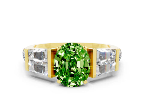 Yellow gold Oval Cut Peridot Engagement Ring with Baguette Side Stones and Channel Set Band