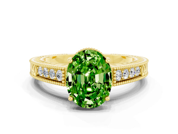 Yellow gold Oval Cut Peridot Engagement Ring with Milgrain Channel Set Band and Prong Setting