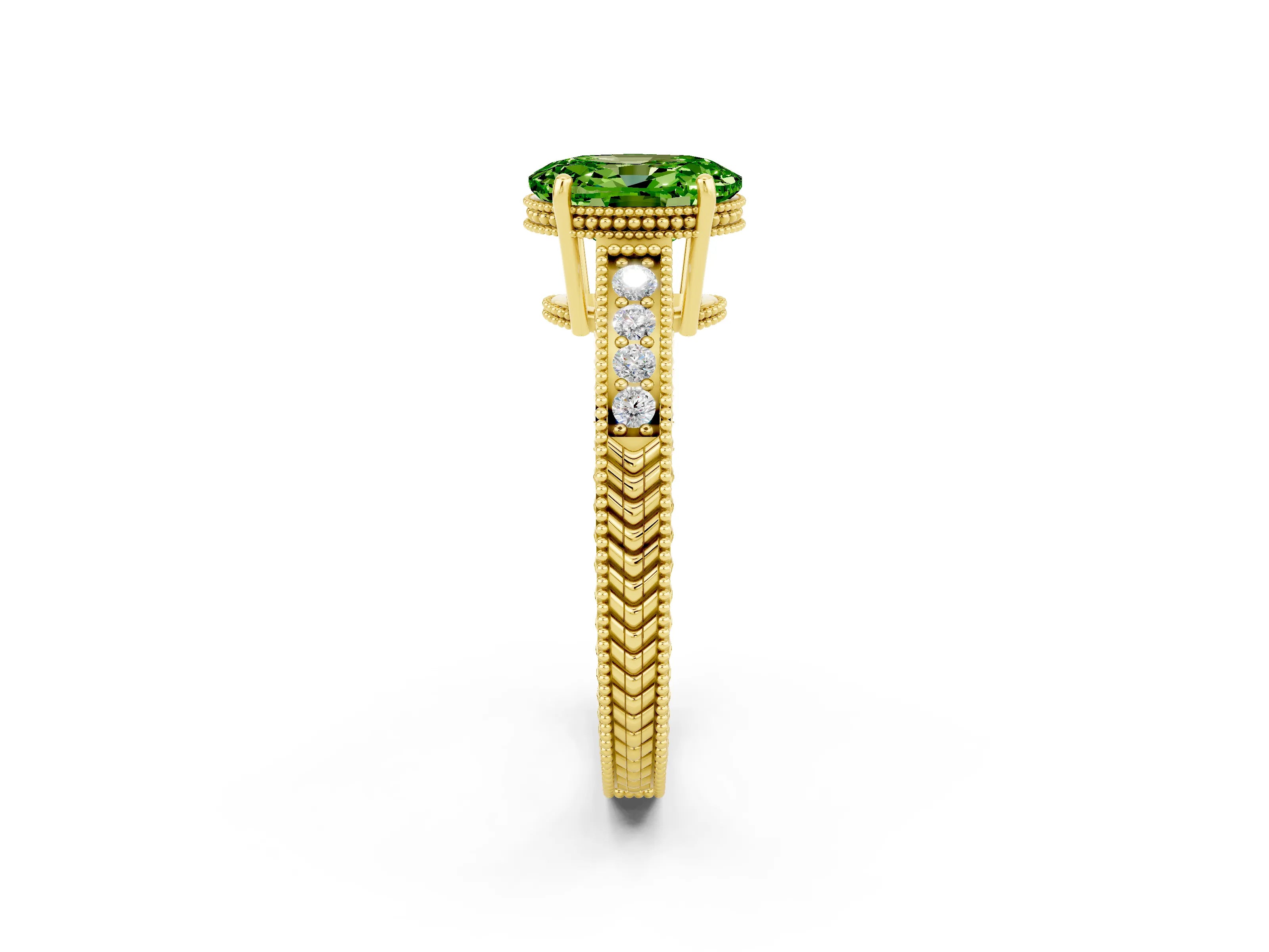 Yellow gold Oval Cut Peridot Engagement Ring with Milgrain Channel Set Band and Prong Setting_2
