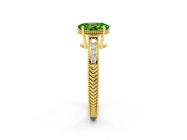 Yellow gold Oval Cut Peridot Engagement Ring with Milgrain Channel Set Band and Prong Setting
