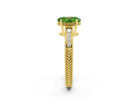 Yellow gold Oval Cut Peridot Engagement Ring with Milgrain Channel Set Band and Prong Setting_2