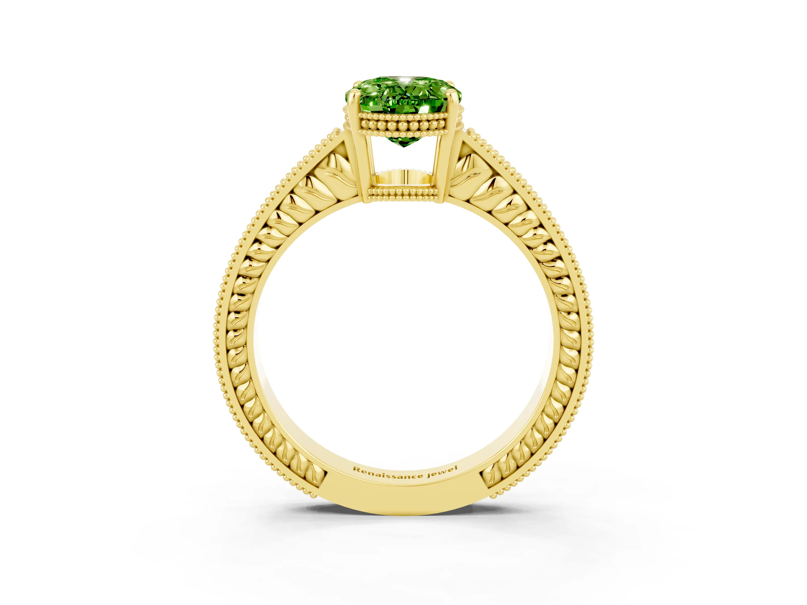 Yellow gold Oval Cut Peridot Engagement Ring with Milgrain Channel Set Band and Prong Setting_3