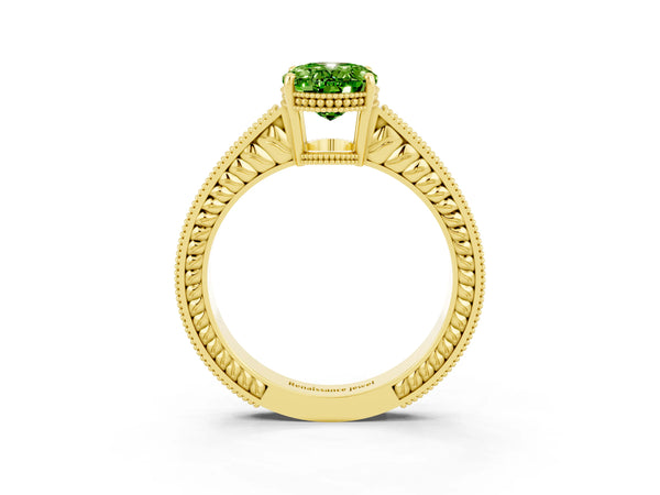 Yellow gold Oval Cut Peridot Engagement Ring with Milgrain Channel Set Band and Prong Setting