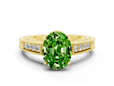 Yellow gold Oval Cut Peridot Engagement Ring with Milgrain Channel Set Band and Prong Setting