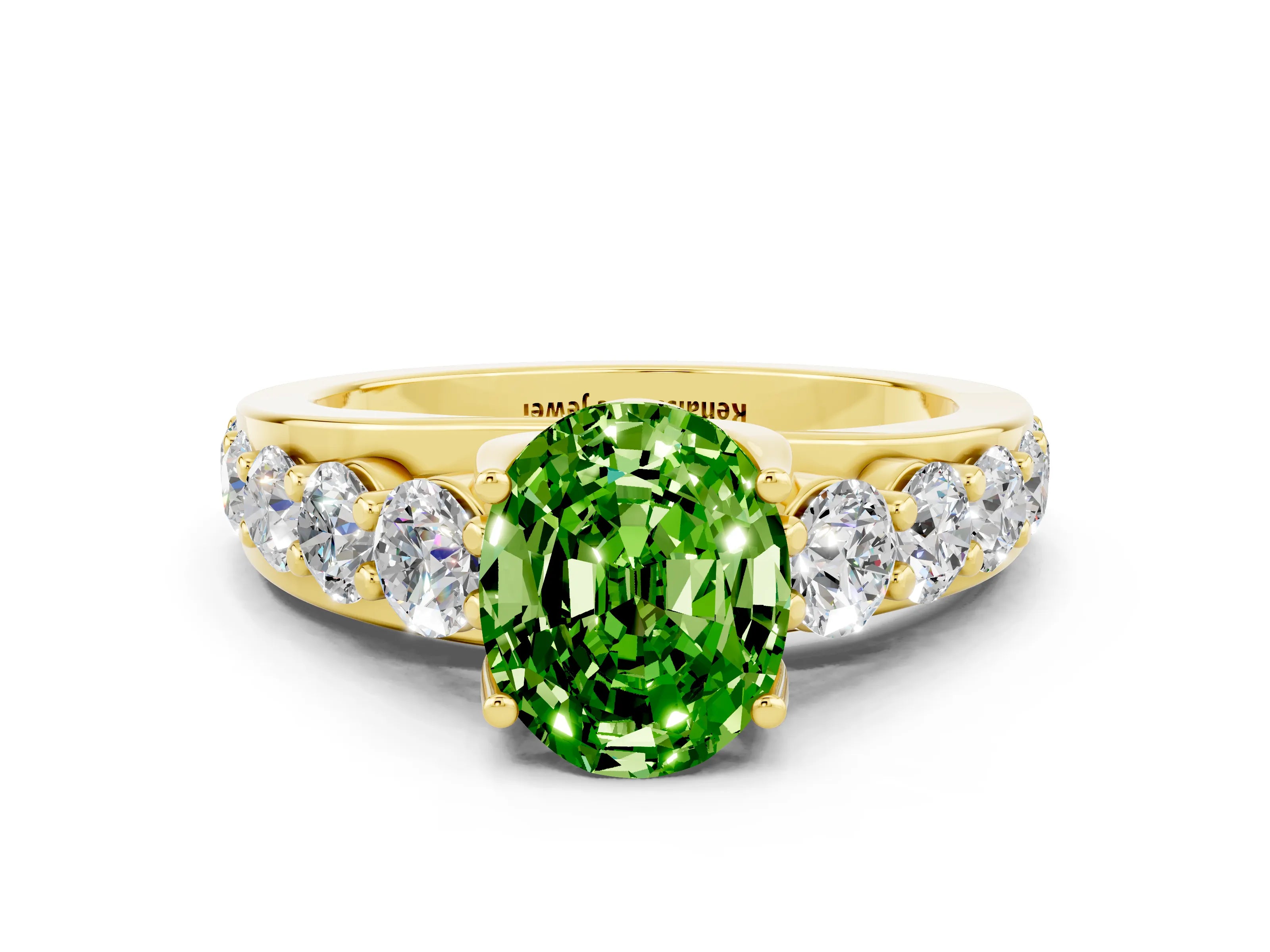 Yellow gold Oval Cut Peridot Engagement Ring with Pavé Band and Four-Prong Setting