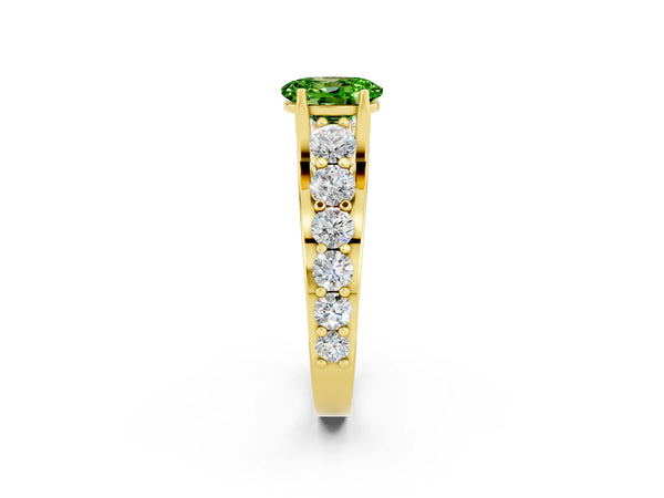 Yellow gold Oval Cut Peridot Engagement Ring with Pavé Band and Four-Prong Setting