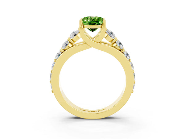 Yellow gold Oval Cut Peridot Engagement Ring with Pavé Band and Four-Prong Setting