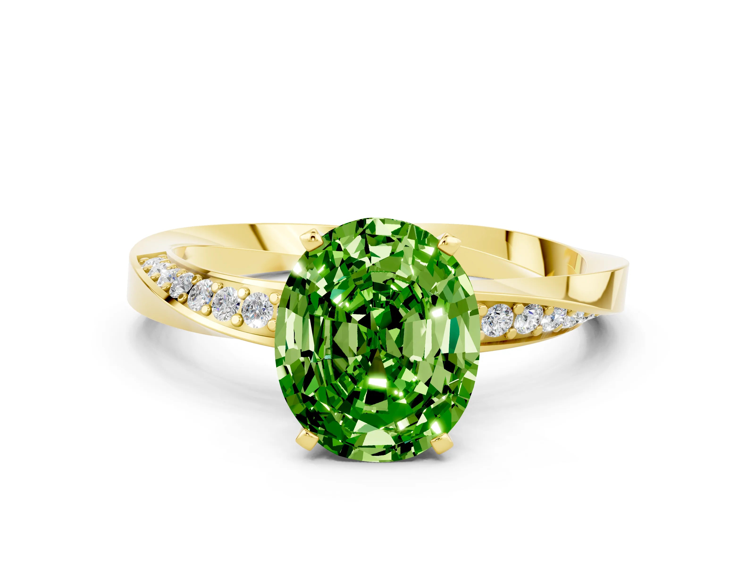Yellow gold Oval Cut Peridot Engagement Ring with Side Stone Accents and Four-Prong Setting_27