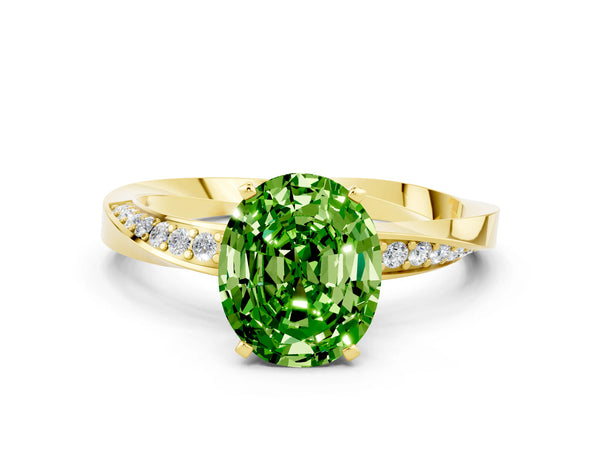 Yellow gold Oval Cut Peridot Engagement Ring with Side Stone Accents and Four-Prong Setting