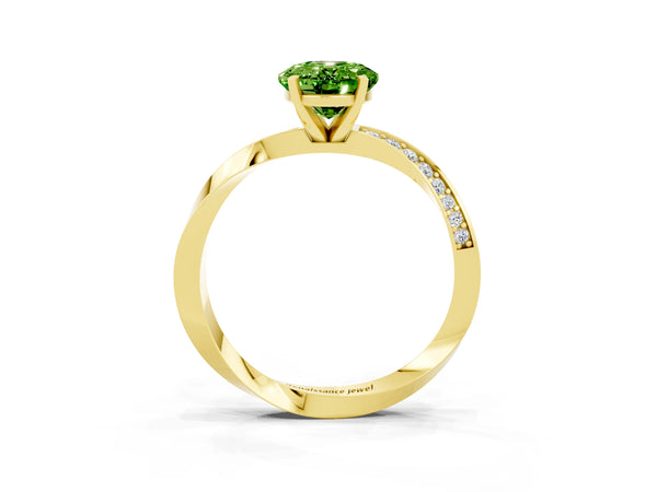 Yellow gold Oval Cut Peridot Engagement Ring with Side Stone Accents and Four-Prong Setting