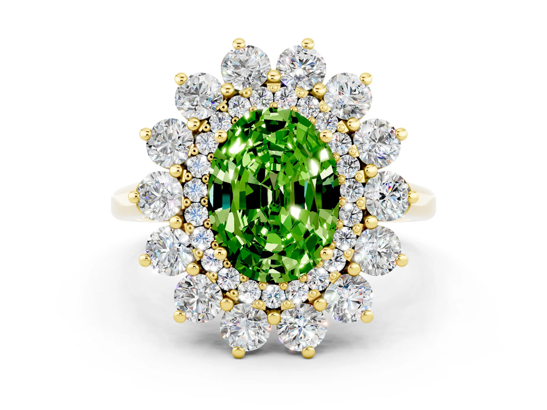 Yellow gold Oval Cut Peridot Floral Double Halo Engagement Ring with Prong Setting_60