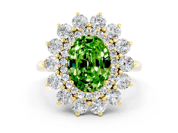Yellow gold Oval Cut Peridot Floral Double Halo Engagement Ring with Prong Setting