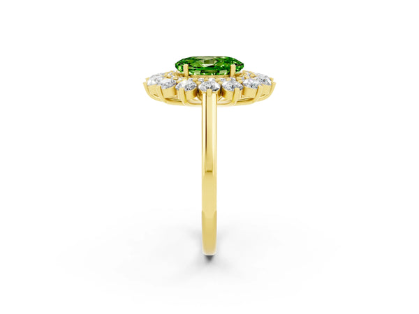 Yellow gold Oval Cut Peridot Floral Double Halo Engagement Ring with Prong Setting