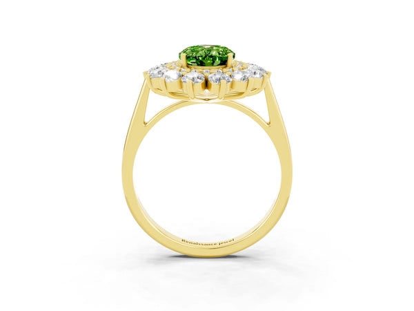 Yellow gold Oval Cut Peridot Floral Double Halo Engagement Ring with Prong Setting