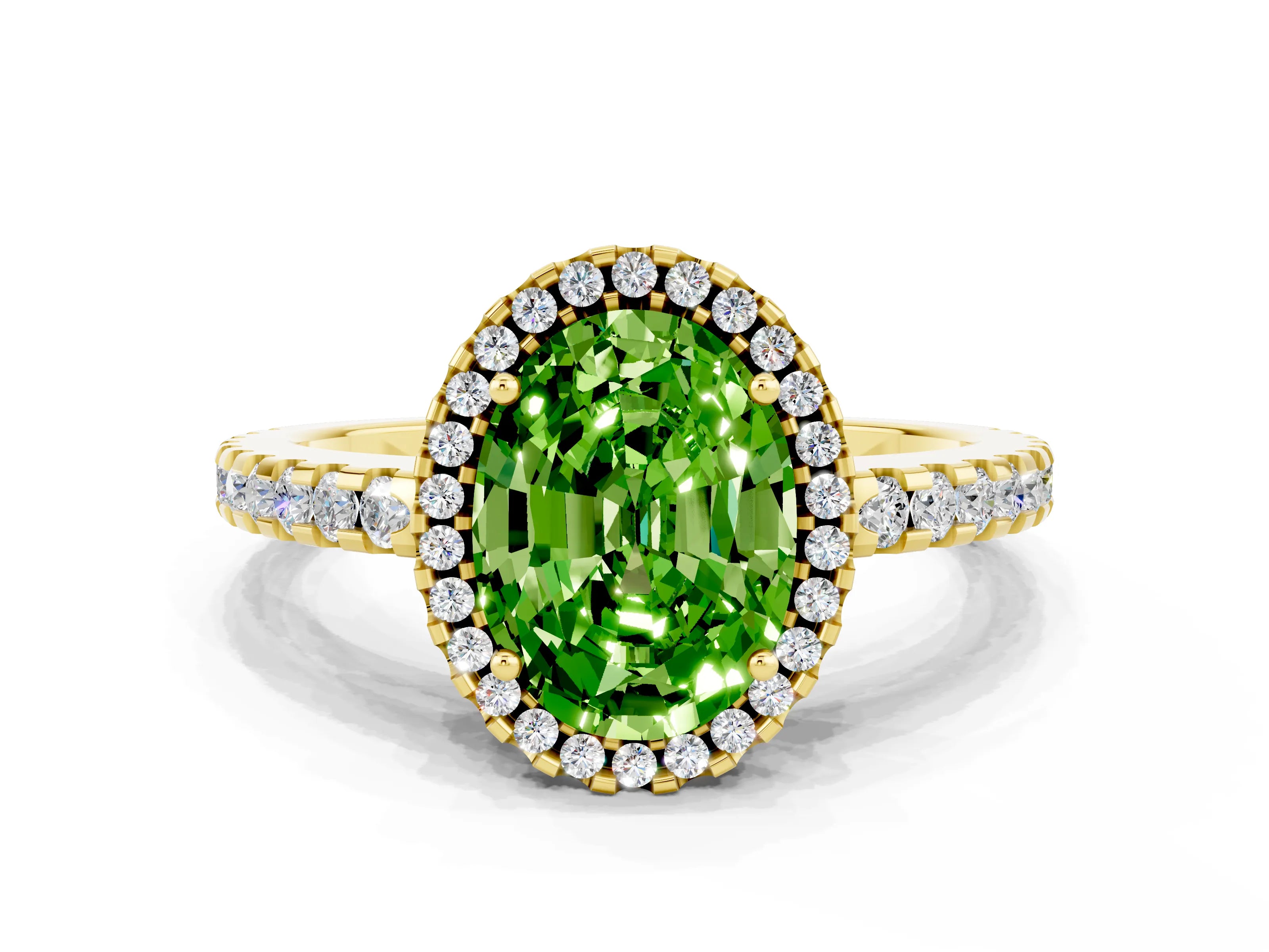 Yellow gold Oval Cut Peridot Halo Engagement Ring with Pavé Band and Prong Setting_12