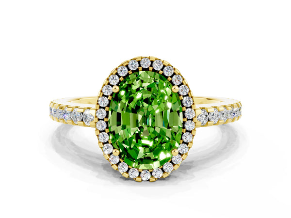 Yellow gold Oval Cut Peridot Halo Engagement Ring with Pavé Band and Prong Setting