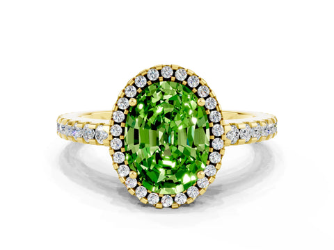Yellow gold Oval Cut Peridot Halo Engagement Ring with Pavé Band and Prong Setting_12