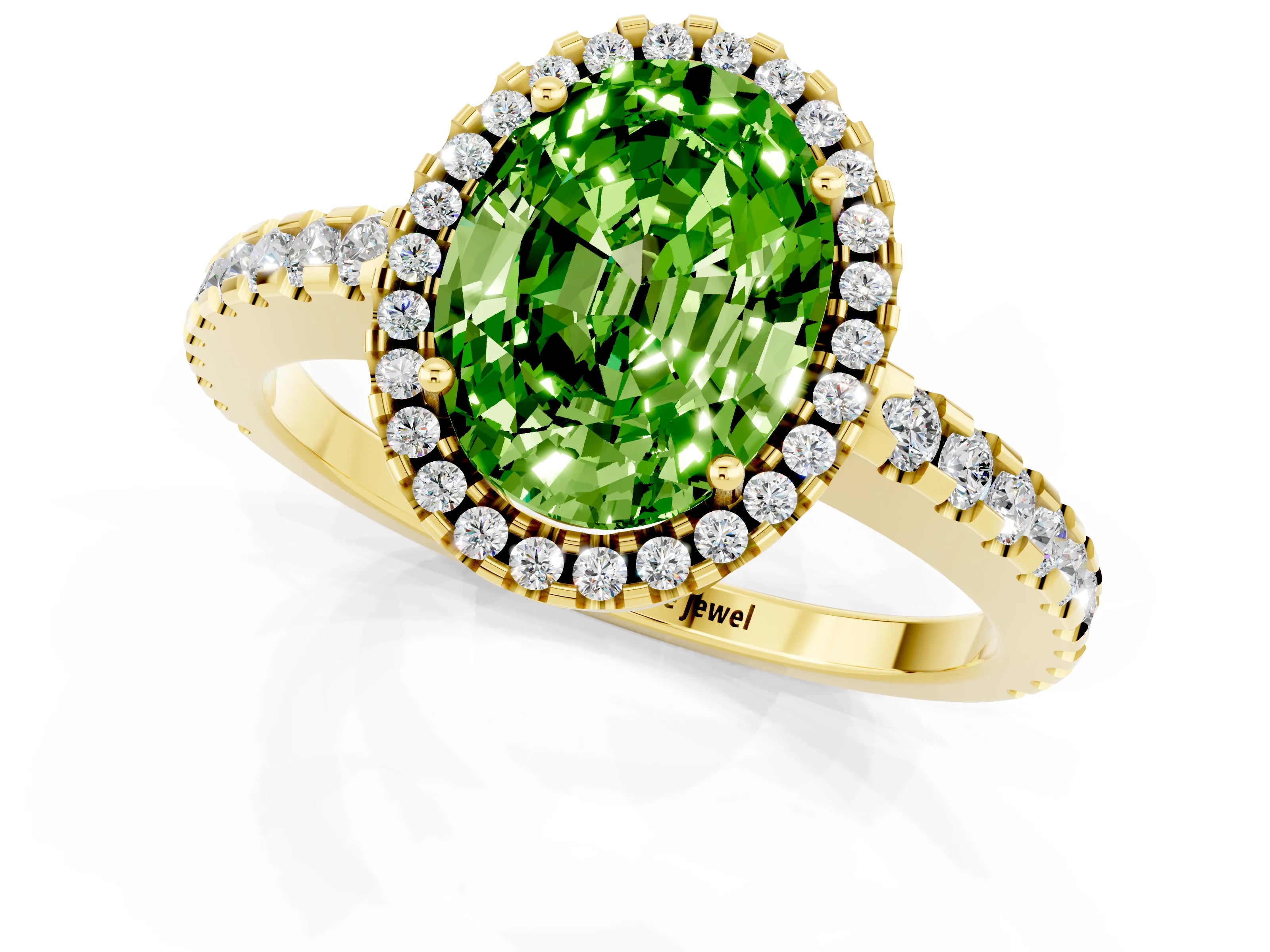 Yellow gold Oval Cut Peridot Halo Engagement Ring with Pavé Band and Prong Setting_13